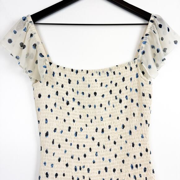 Wilfred Aritzia Eldorado Mini Dress Smocked Cream Navy Polka Dots - S - Picture 2 of 11